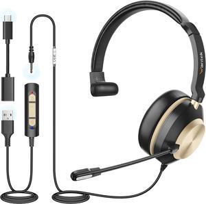 Wantek USB Headset with Microphone, Type-c/USB/3.5mm Jack 3-in-1 PC Headsets, Single Ear (Monaural) Headsets with Noise Cancelling and Volume Control for Call Centers, Skype, Zoom, Office,Business