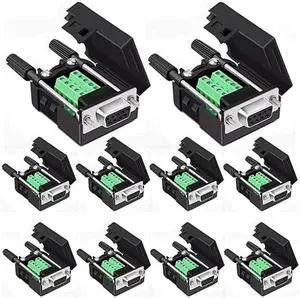 Willwewon 10PCS DB9 Female Solderless Breakout Connector, RS232 D-SUB DB9 Serial to 9Pin Port Terminal Block with Case Long Bolts Tail Pipe
