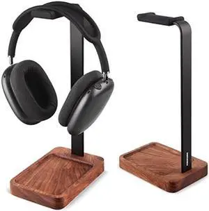 PHERKORM Walnut Wood & Aluminum Headset Holder, Desktop Headphone Stand, Universal headphone holder for most music gaming headsets - Black Walnut