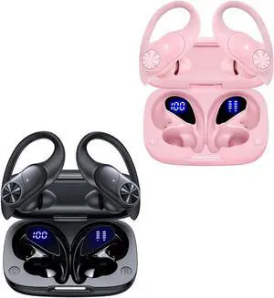 2 Sets Bluetooth Headphones Wireless Earbuds 80hrs Playtime Wireless Charging Case Sports Ear buds with Earhook Premium Deep Bass IPX7 Waterproof Over-Ear Earphones for TV Phone Laptop Black and Pink