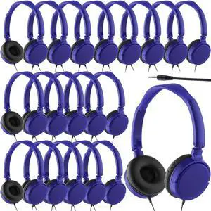 Yunsailing 18 Pack Classroom Headphones Bulk Student Wired Class Headphones Set for Kids School with Individually Wrapped Adjustable Over Ear Head Earbuds(Navy Blue)