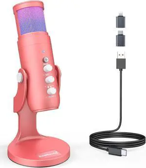 ZealSound USB Gaming Microphone for iPhone PC Type C Phone,Noise Cancellation,K66 RGB Condenser Mic with Controllable Led Lights,Echo,Touch Mute,Monitor,Gain for Podcast,Gaming,Podcasting,ASMR (Pink)