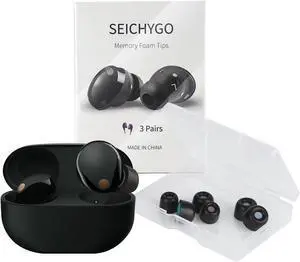 3 Pairs Memory Foam Ear Tips with Dust Mesh for Sony WF-1000XM5 / WF-1000XM4 / XM3, Super Comfort & Anti-Slip Replacement Ear Tip | No Rubber Pain | with Storage Box, Black | Large