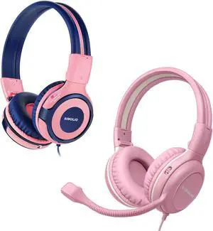 SIMOLIO Kids Headphones with Microphone for School, 75/85/94 dB Wired Headphones with Built-in MIC or Boom Mic for PC, Laptop, Gaming, Over Ear Pink Stereo Corded Headset for Girls, Children, Students