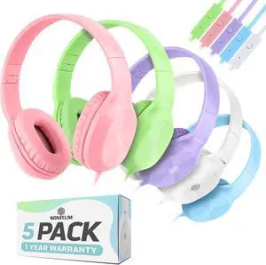 Sonitum Bulk Kids Headphones for School with Microphones - 5-Pack On-Ear 3.5mm Wired Headphones for Schools -Comfy Wired Kids Headphones with in-Line Mics - School Headphones for Kids
