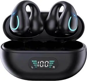 TANFESO Open Ear Bone Conduction Headphones,Bluetooth Wireless Clip On Earbuds with Digital Display Charging Case 60 Hours Playtime IPX4 Waterproof Sports Headphones for Running,Walking,Workout Q71