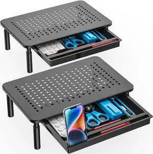 WALI Monitor Stand Riser, Computer Stand for Desk with Storage, 3 Height Adjustable Laptop Stand with Drawer and Phone Holder for Office, Home, School (STT003D-2B), 2 Pack, Black