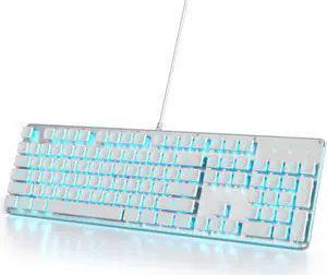 Owpkeenthy White Typewriter Gaming Keyboard Full-Size Quiet Keyboard Ice Blue Backlit Light Up Office Square Punk Keyboard with Metal Panel for Laptop,PC Desktops (104 White)
