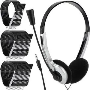 Yunsailing 30 Pack Classroom Headphones with Microphone Kids School Student Headphones Bulk Class Set Lightweight Adjustable Earphones on Ear with 3.5 mm Jack (Silver)