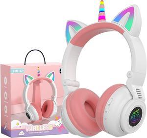 YUSONIC Unicorn Kids Headphones for Girls,Unicorn Bluetooth Headphones Foldable for Girls Toddlers Tablet/pad/ fire,Light Up Kids Wireless Headphone Birthday Gifts (white pink)