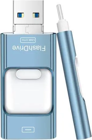 Thumb Drive for iPhone 128GB, 4 in 1 USB Type C Memory Stick, Photo Stick External Storage Falsh Drive for iPhone iPad Android Computer, Sky Blue