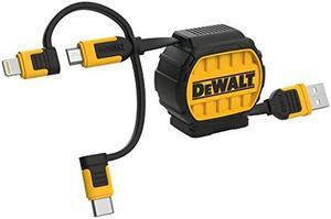 DEWALT 3 in 1 Retractable Multi Charging Cord, 3ft Fast Charger Cord, Multi Charger Adapter with Lightning/Type C/Micro USB Port for iPhones/Samsung Galaxy/PS/Tablets/More