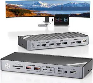 Minisopuru DisplayLink Docking Station 3 Monitors with 140W Charger, 30W Charging, 8K/4K USB C Docking Station for MacBook,Thunderbolt 4/3, Windows(3X HDMI,3X DisplayPort,5X USB Data & Charge,TF/SD)
