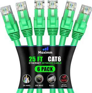 Maximm Cat 6 Ethernet Cable 25 ft (6-Pack) - High-Speed LAN Cable, Internet Cable, Patch Cable, and Network Cable - UTP, 10Gbps, 550MHz Ethernet Cord - Green
