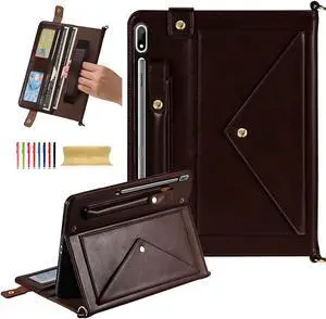 Dteck Case for Galaxy Tab S9 FE Plus/S9+/S8+/S7 FE/S7+ 12.4" Tablet,PU Leather Folding Business Stand Smart Cover with S Pen Holder Auto Sleep/Wake Shoulder Hand Strap Handbag Protective Cover,Brown