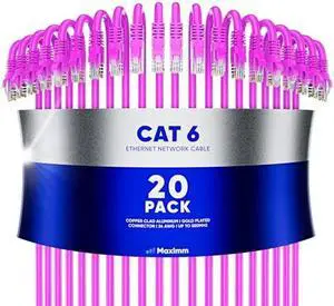Maximm Cat 6 Ethernet Cable 7 ft (20-Pack) - High-Speed LAN Cable, Internet Cable, Patch Cable, and Network Cable - UTP, 10Gbps, 550MHz Ethernet Cord - Pink