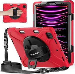 BRAECNstock for Apple iPad Pro 12.9 6th 5th 4th 3rd Generation Case (2022/2021/2020/2018) Shockproof Protective iPad Pro 12.9 inch Kids Tablet Cover with Pen Holder Rotating Hand Strap & Stand - Red