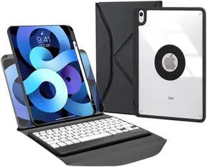 AnMengXinLing Keyboard Case for iPad Air 5th/4th Generation 10.9 Inch 2022/2020,360 Rotatable Case with Pencil Holder,2 in 1 Detachable Clear Case with Keyboard,Support Pen Charger, Black