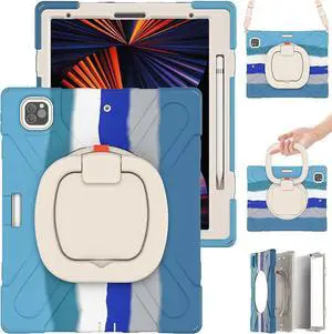iPad Pro 12.9 Case 6th Generation 2022/5th Gen 2021/4th Gen 2020/3th Gen 2018,Heavy Sturdy Shockproof Kids Case,Rotating Stand/Pencil Holder/Carrying Strap for iPad 12.9 Inch (Colourful Blue)