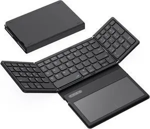 GEODMAER Foldable Bluetooth Keyboard, Portable Full Size Folding Keyboard with Touchpad, PU Leather, Wireless Travel Keyboard for Windows, iOS, Android, Mac