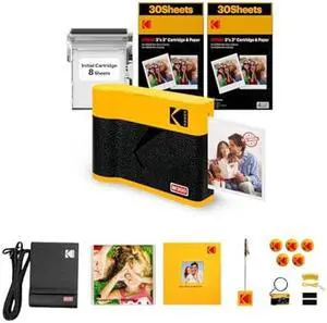 KODAK Mini 3 ERA 4PASS Portable Photo Printer (Yellow, Printer + Initial 8 Sheets + 60 Sheets + Accessories)