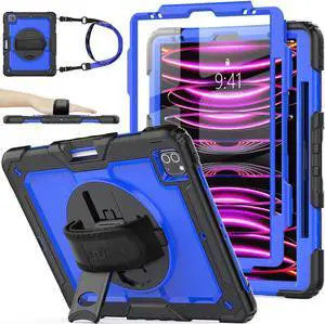 SEYMAC stock Case for iPad Pro 12.9'' 2022/2021/2020/2018 with Screen Protector 360 Rotating Stand Hand Strap, Drop-Proof Case for iPad Pro 12.9''(6th/5th/4th/3rd Generation), Blue/Black