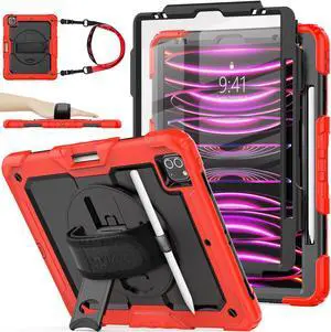 SEYMAC stock Case for iPad Pro 12.9'' 2022/2021/2020/2018 with Screen Protector 360 Rotating Stand Hand Strap, Drop-Proof Case for iPad Pro 12.9''(6th/5th/4th/3rd Generation), Black/Red