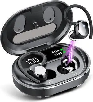 Wireless Earbuds, 2023 New Ultralight Sport Bluetooth 5.3 Headphones In Ear with LED Display, Built-in Mic Earphones, IPX7 Waterproof Wireless Headphones with Earhooks for Gym Workout (Black)