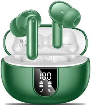 Wireless Earbuds,2024 Wireless Headphones HiFi Stereo Earphones with 4 ENC Noise Canceling Mic, 42Hs Playtime In Ear Earbud,Bluetooth 5.3 Sport Earphones with LED Power Display for Android iOS Green