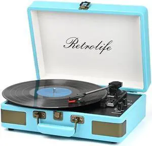 Record Player 3 Speed Bluetooth Portable Suitcase Vinyl Player with Built-in Speakers Turntable Enhanced Audio Sound PU Leather Vintage Blue
