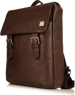 KNOMO Leather Large Laptop Business Backpack 15.6 inch Computer College Travel Daypack Bag with Buckle Flap Brown