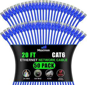 Maximm Cat 6 Ethernet Cable 20 ft (50-Pack) - High-Speed LAN Cable, Internet Cable, Patch Cable, and Network Cable - UTP, 10Gbps, 550MHz Ethernet Cord - Blue