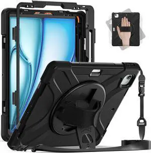 Batianda Case for iPad Air 13-inch (2024) M2 Chip Model A2898 Heavy Duty Rugged Durability Silicone Tablet Cover with 360deg Rotating Hand Strap Foldable Hidden Stand & Shoulder Strap, Black