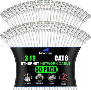 Maximm Cat 6 Ethernet Cable 3 ft (50-Pack) - High-Speed LAN Cable, Internet Cable, Patch Cable, and Network Cable - UTP, 10Gbps, 550MHz Ethernet Cord - White