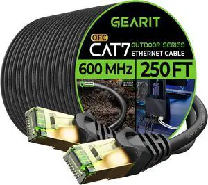GearIT Cat7 Outdoor Ethernet Cable (250ft) SFTP Shielded Foil Twisted Pair, Pure Copper, LLDPE, Waterproof, Direct Burial, In-Ground, UV Resistant, POE, Network, LAN, Internet, Cat 7-250 Feet