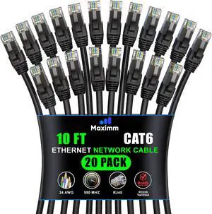 Maximm Cat 6 Ethernet Cable 10 ft (20-Pack) - High-Speed LAN Cable, Internet Cable, Patch Cable, and Network Cable - UTP, 10Gbps, 550MHz Ethernet Cord - Black