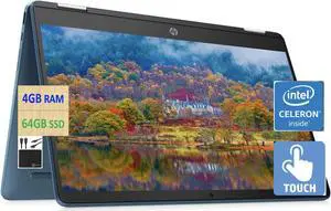 HP 2022 Newest X360 Chromebook Spin 2-in-1 Laptop Student Business, 14'' HD Touchscreen, Dual Core Intel Celeron N4120 Processor, 4GB RAM, 64GB eMMC,Camera, Wi-Fi, Chrome OS+MarxsolCables Forest Teal