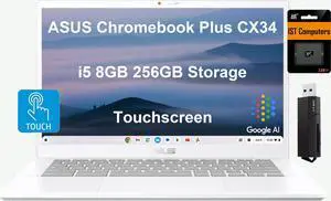ASUS Chromebook Plus CX34 Laptop, 14" FHD Touchscreen, Intel Core i5-1335U, 8GB RAM, 256GB Storage (128GB UFS +128GB IST SD Card) Enterprise Business, 2TB Cloud Storage, Google AI, Chrome OS, White