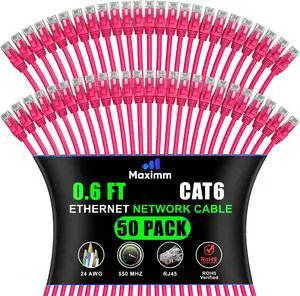 Maximm Cat 6 Ethernet Cable 0.6 ft (50-Pack) - High-Speed LAN Cable, Internet Cable, Patch Cable, and Network Cable - UTP, 10Gbps, 550MHz Ethernet Cord - Pink