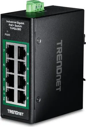 TRENDnet 8-Port Industrial Gigabit PoE+ DIN-Rail Mini Switch, TI-PGLC80, 8 x Gigabit PoE+ Ports, 200W PoE+ Power Budget, 16Gbps Switching Capacity, NDAA & TAA Compliant