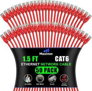 Maximm Cat 6 Ethernet Cable 1.5 ft (50-Pack) - High-Speed LAN Cable, Internet Cable, Patch Cable, and Network Cable - UTP, 10Gbps, 550MHz Ethernet Cord - Red