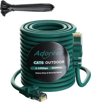 Adoreen Cat 6 Outdoor Ethernet Cable 250 Ft Green, High Speed Heavy Duty Long Internet Network Cable for POE Camera Cat 5 5e RJ45 LAN Patch Cable Cord, Sturdy Waterproof Direct Burial+25 Ties