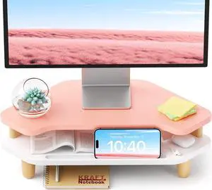 AFOOYO Monitor Stand Riser,2 Tier Corner Wood Monitor Stand Sturdy Computer Stand Multi-Purpose Desktop Storage Stand for Laptop,PC,iMac,Printer,Computer,Pink