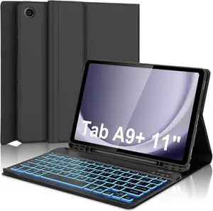 Galaxy Tab A9 Plus Case with Keyboard 5G 11 Inch 2023 (SM-X210/X216/X218) - Wireless Bluetooth Keyboard - 7 Colors Backlit - Smart Protective Cover with S Pen Holder for Galaxy Tab A9+ 11" (Black)