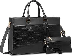 Laptop Bag for Women 15.6 inch Work Tote Bags for Women Waterproof Large Capacity Classy Leather Computer Bag Business Office Briefcase Bag with Clutch Purse Black