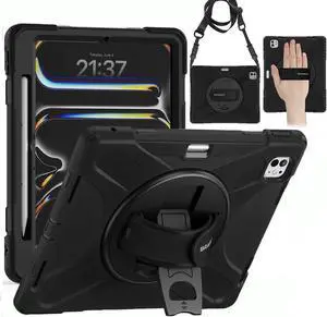 BRAECN for iPad Pro 13 Inch Case 2024 with Pencil Holder 360 Degree Rotating Hand Strap and Stand Shockproof Cover for iPad Pro13 7th Gen M4 with Adjustable Shoulder Straps