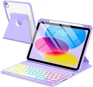 EAMPANG Case with Keyboard for iPad 10th Generation 10.9 inch 2022,7 Color Rainbow Backlit Detachable Wireless Keyboard Rotatable Magnetic Cover with Pencil Holder for iPad 10 Gen Purple