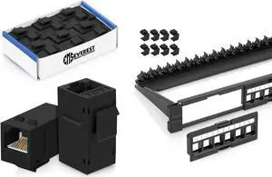 Everest Media Solutions Bundle - 2 Items: 24-Port Keystone Patch Panel + 12 Pack of RJ45 CAT6 Keystone Couplers - Black