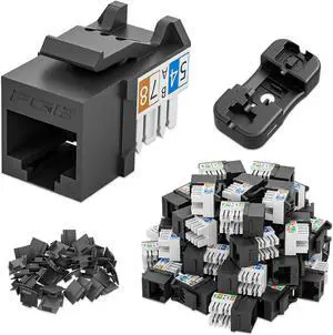 FGB 50-Pack Cat6 Keystone Jacks with Punch Down Stand, Slim Profile RJ45 Ethernet Keystone Couplers, 90deg Compact Design, 10Gbps High-Speed Performance, Black
