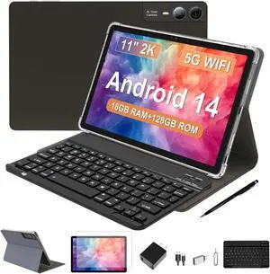 FESABOLE 2025 Latest 11 inch Android 14 Tablet, 18GB RAM, 128GB ROM, 1TB Expand, 2K Display, T616 Octa-Core, 5G WiFi, 13MP+5MP+5MP Camera, GPS, 9000mAh, Tablet with Case/Keyboard/Pen, Quad Speakers